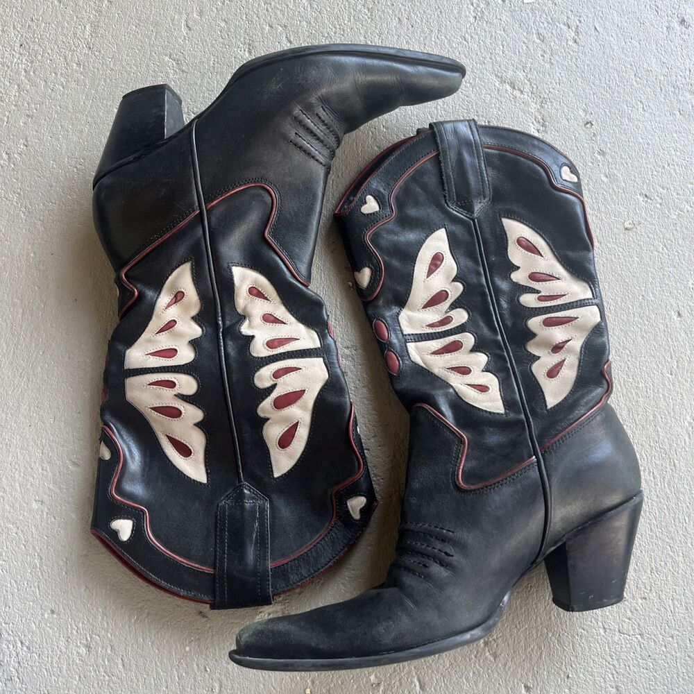 NINE WEST Women's Western Print Leather Heeled Cowboy Boots Red Black Size 8 M